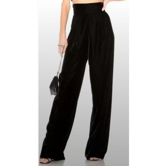 Petersyn Revolve Black Velvet Pleated Wide Leg High Waist Pants Womens 2 - Picture 1 of 9